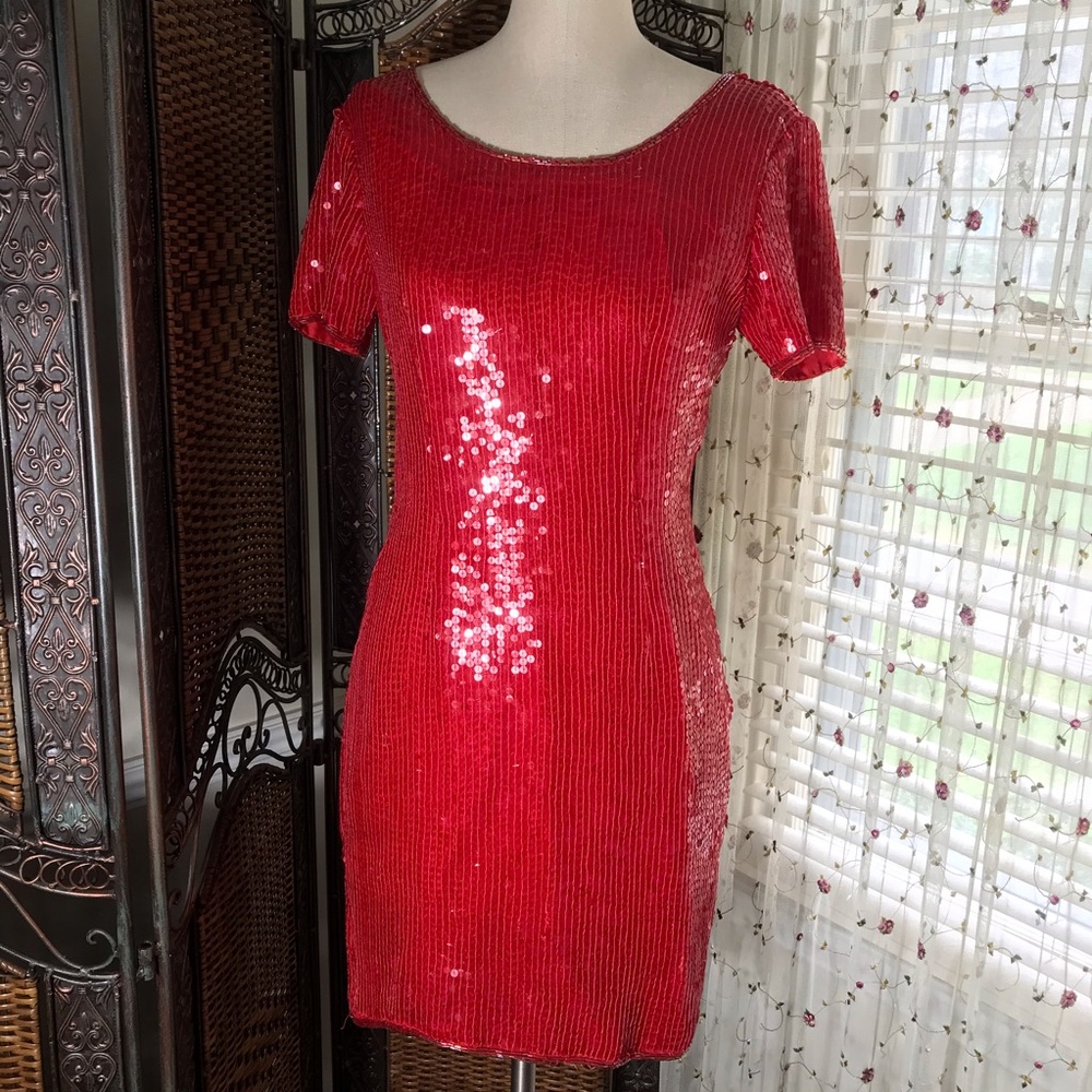 Vintage 100% Silk Red Sequin Short-Sleeve Mini Dress